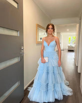 Charming A Line V Neck Light Blue Tulle Long Prom Dresses Evening Gown DMP271